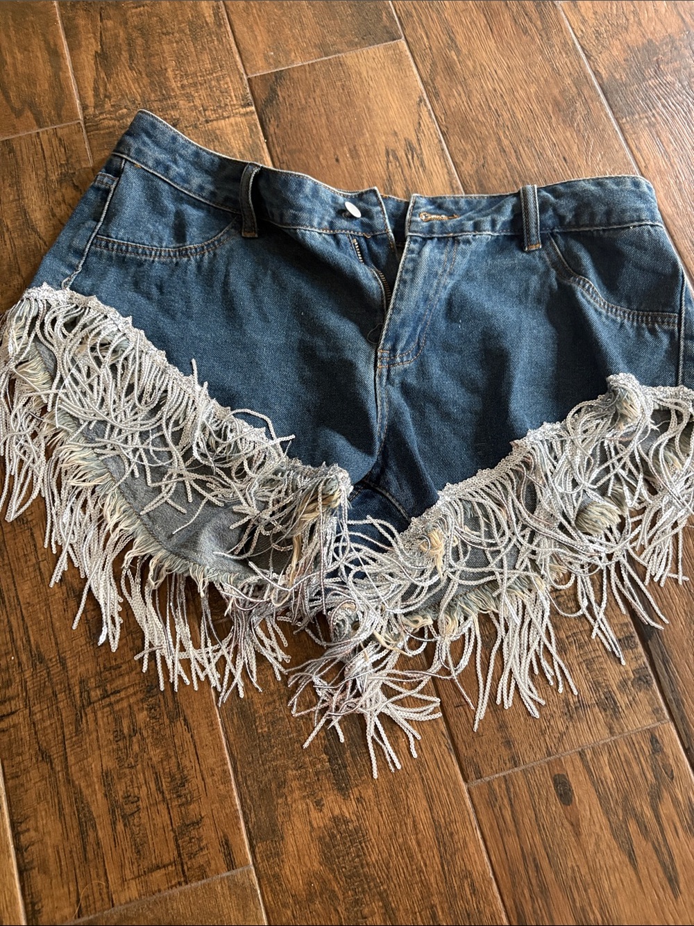 SHEIN Dark Blue Denim Fringe Shorts